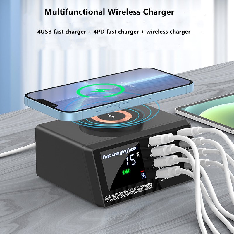 WLX-X9M 110W USB Type C Phone Fast Charger PD QC3.0 Multi Port Display Wireless Charger