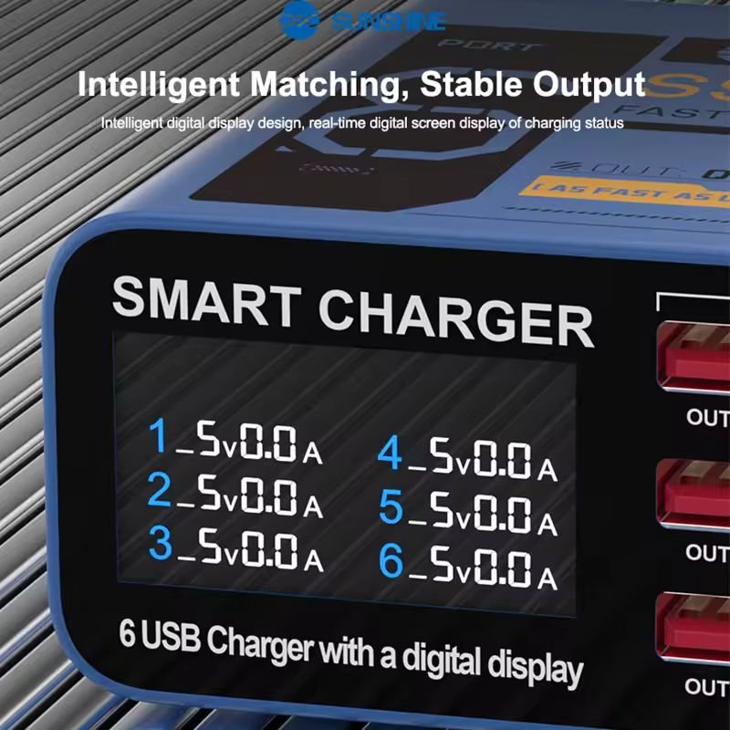 Sunshine SS-304Q USB Smart Lightning Charger Digital Display 6 Port 2.4A Fast Charging