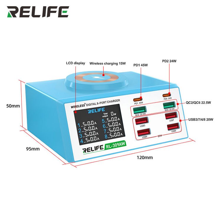 RELIFE RL-309AW Wireless digital display 8-port charger 100W