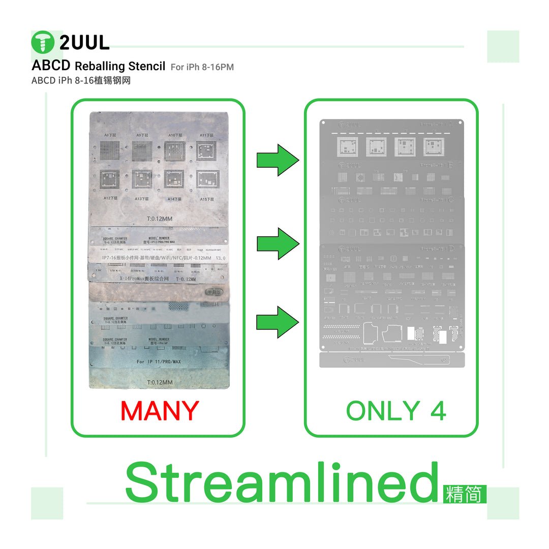 2UUL BG01 ABCD Reballing Stencil for iPh 8-16PM (4pcs/pack)