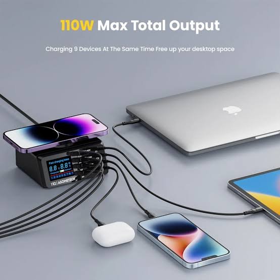 WLX-X9M 110W USB Type C Phone Fast Charger PD QC3.0 Multi Port Display Wireless Charger